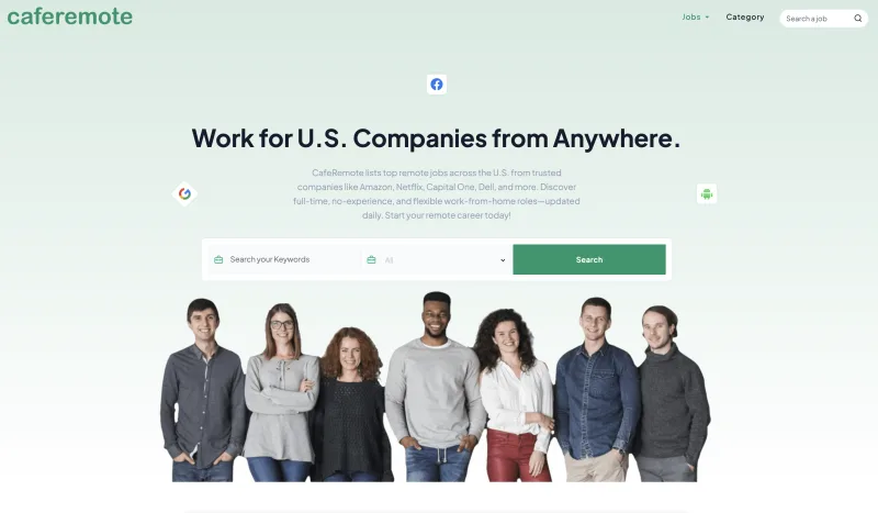 CafeRemote remote job search homepage with keyword and category filters