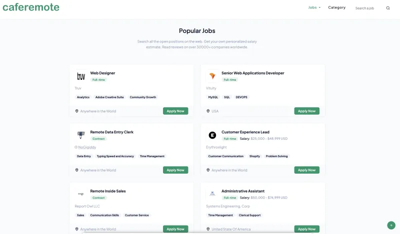CafeRemote job listing cards showing roles, skills and application links