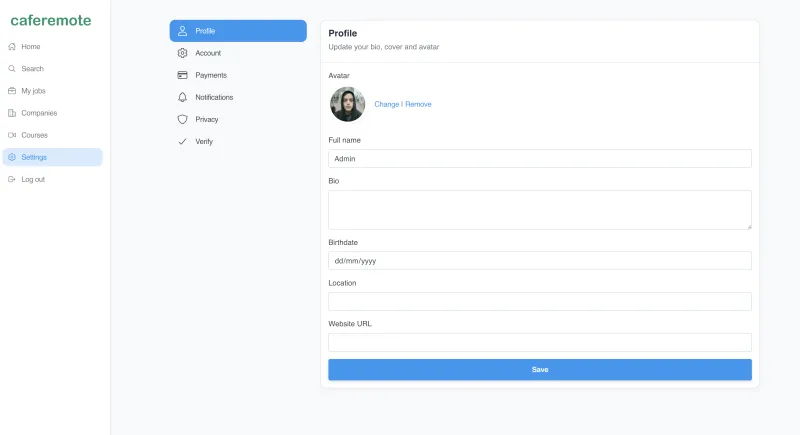 CafeRemote account dashboard with editable profile settings