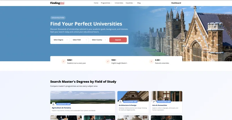 FindingUni university search homepage with degree, field and country selectors