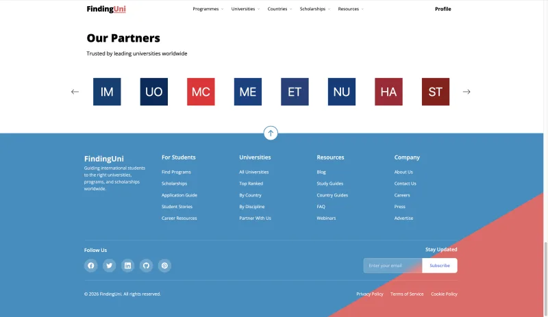 FindingUni university partner section and student resource navigation