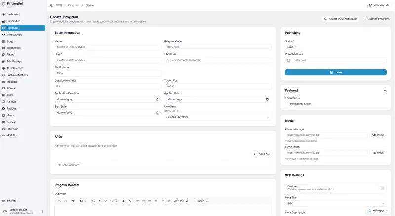 FindingUni programme creation form with academic details and publishing controls