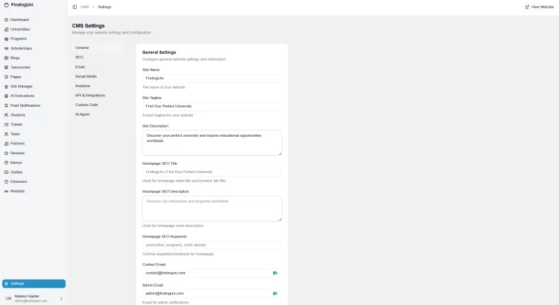 FindingUni content management settings for site information and search metadata