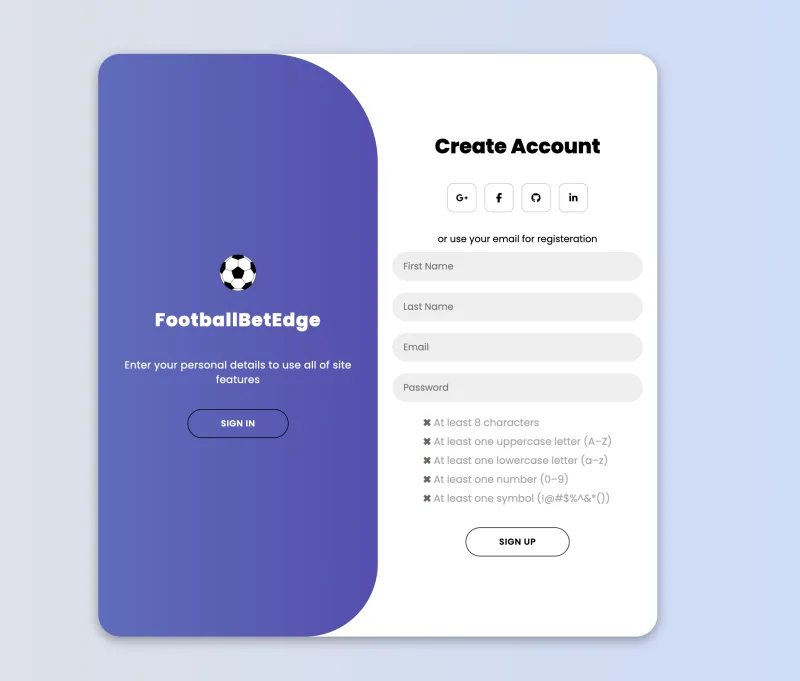 FootballBetEdge account registration form and sign-in options