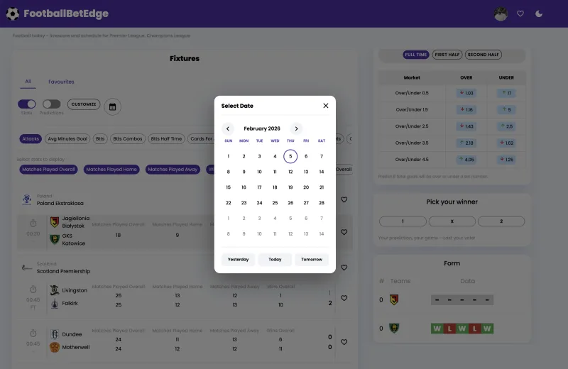 FootballBetEdge date picker for browsing football fixtures