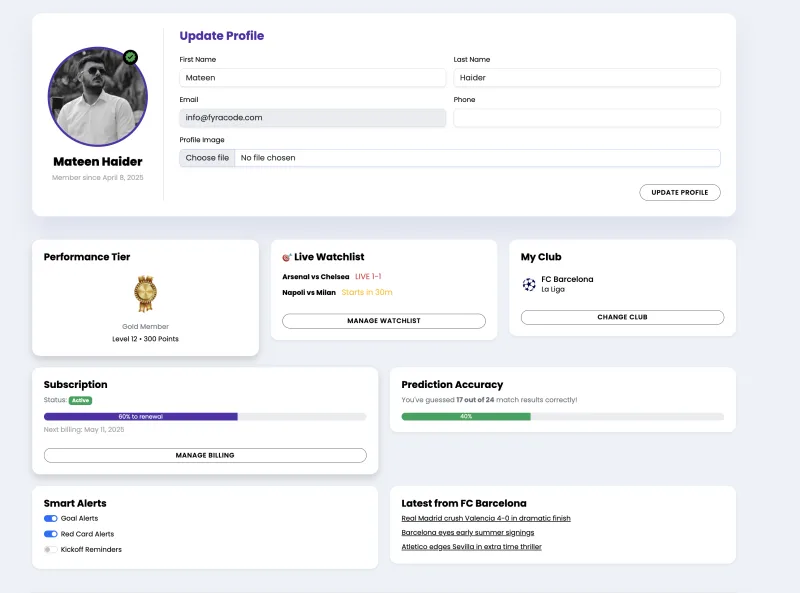 FootballBetEdge member profile with watchlist, alerts and subscription settings