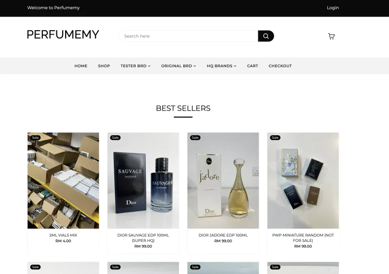 Perfumemy fragrance storefront showing best-selling perfumes and product prices