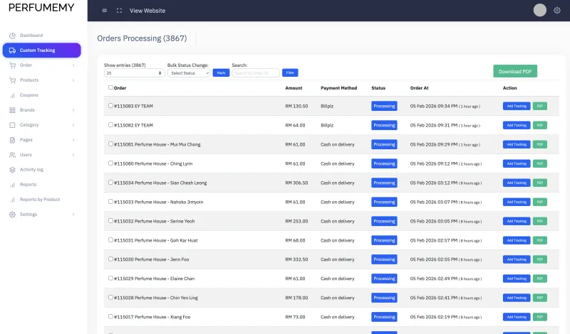 Perfumemy order processing table with payment, status and tracking controls