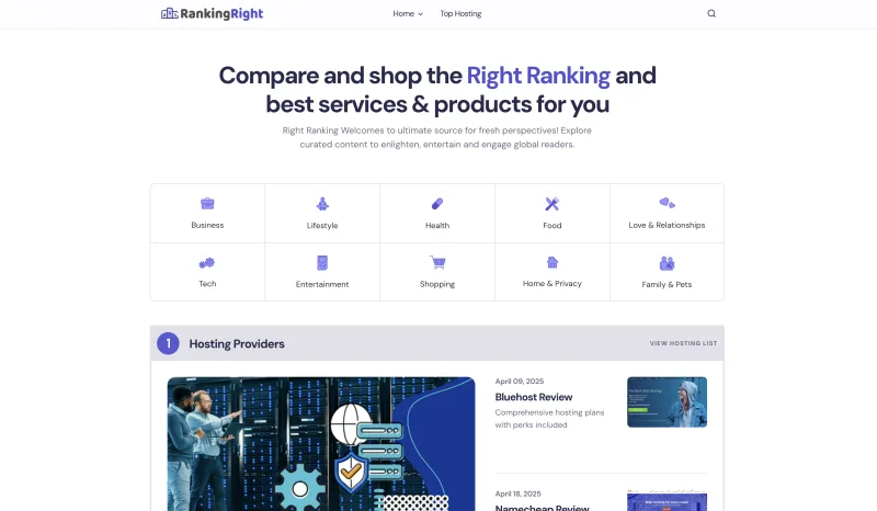 RankingRight comparison homepage with topic categories and hosting review features