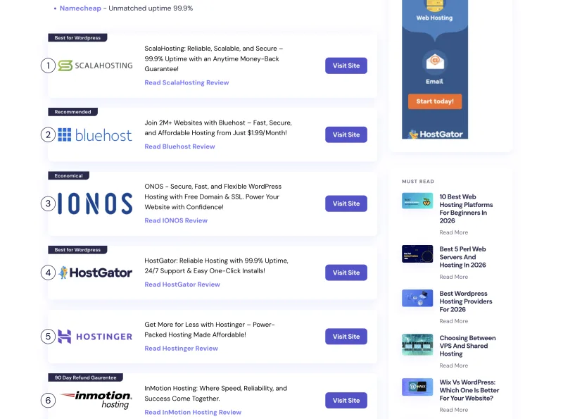 RankingRight ranked web hosting provider list with review links