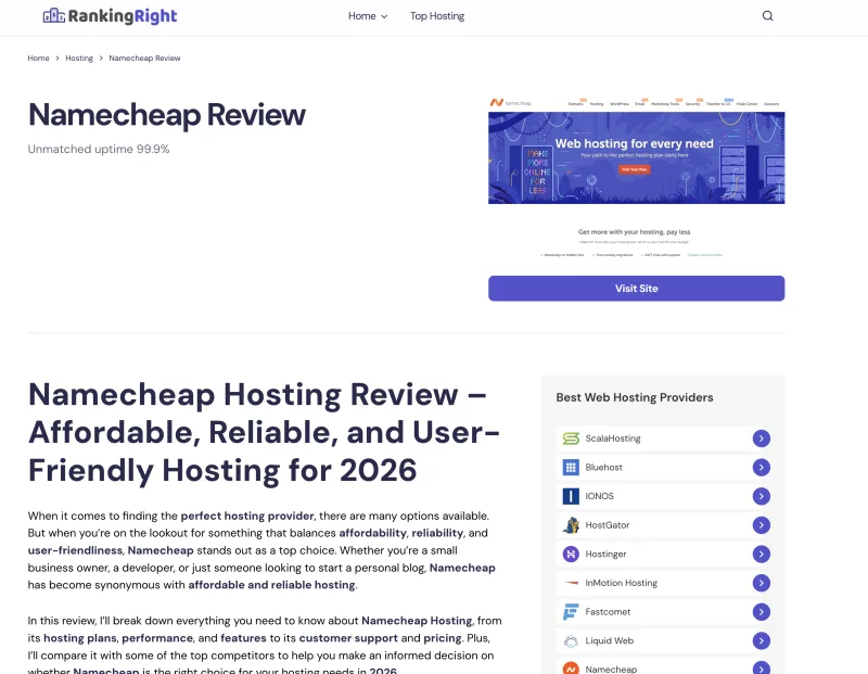 RankingRight hosting review page with provider details and related navigation