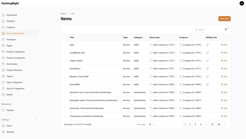 RankingRight service and product management table