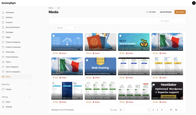 RankingRight media library with searchable image thumbnails