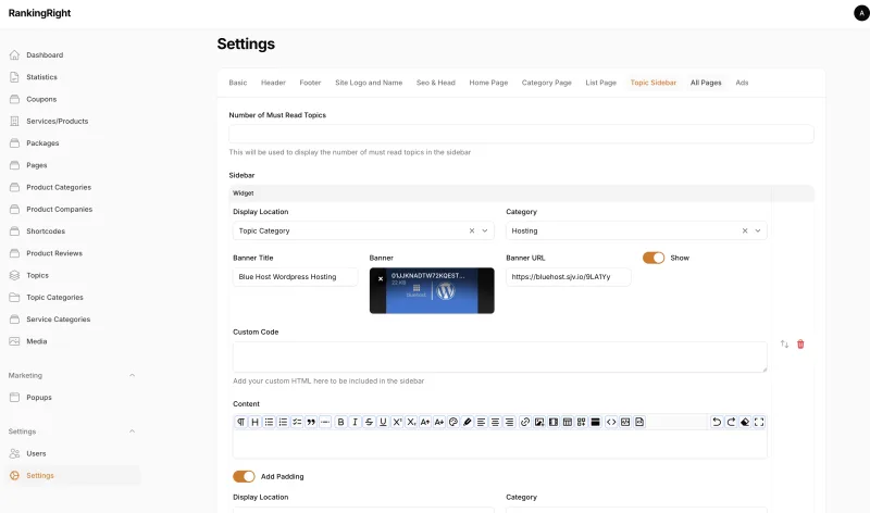 RankingRight page settings for topic sections, banners and content modules