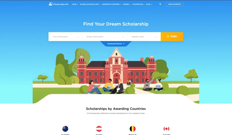 ScholarshipsAds scholarship search homepage with nationality, destination and degree filters
