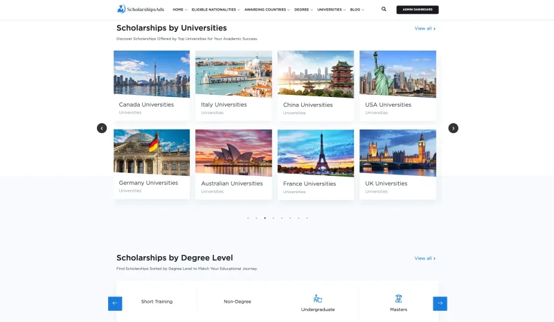ScholarshipsAds university destination cards and degree-level browsing