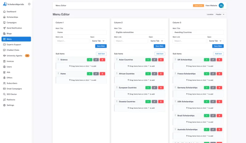 ScholarshipsAds menu editor for scholarship navigation categories