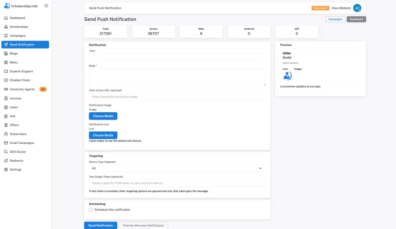 ScholarshipsAds notification campaign editor with media and scheduling controls